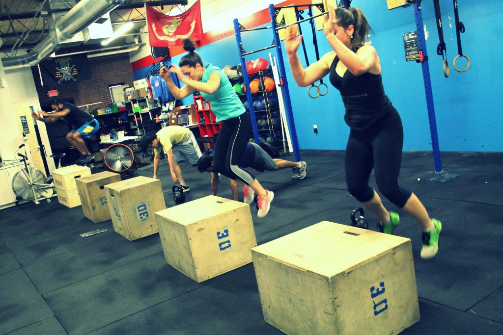 Lauren and Sarah box jumps timed together