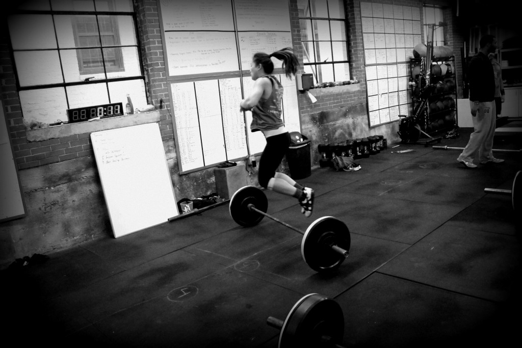 Stacy getting in some last second reps of bar facing burpees.